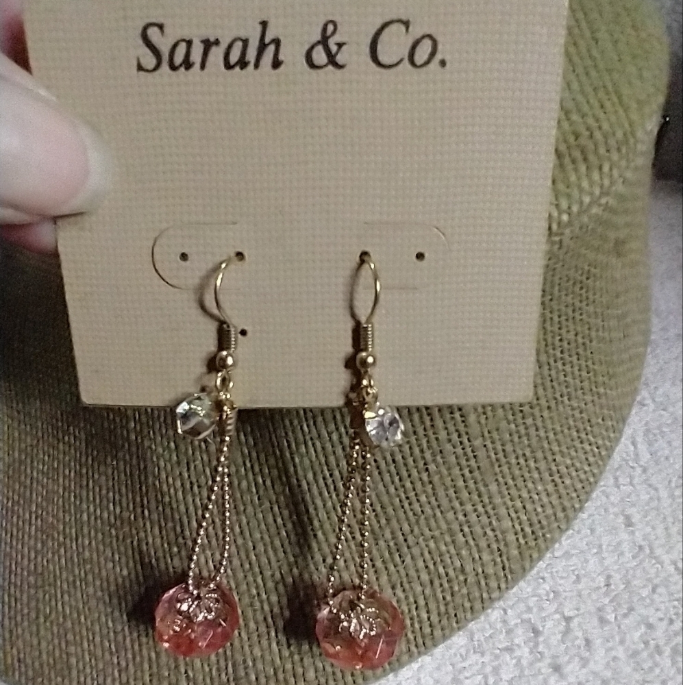 Long dangle wire rhinestone Pink bead goldtone Sarah & Co. Earrings